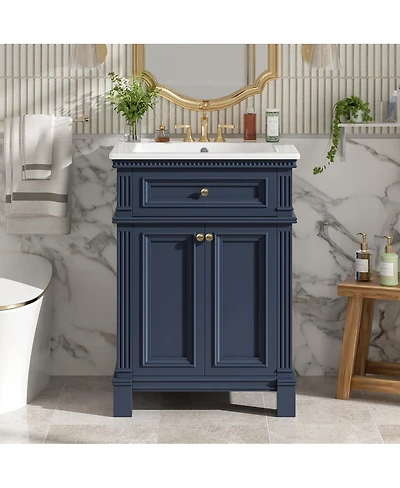 Sillysis 24 Inch Vintage Blue Bathroom Vanity with Ceramic Sink, Adjustable Shelf, Soft Close Doors, Open Back Easy Install