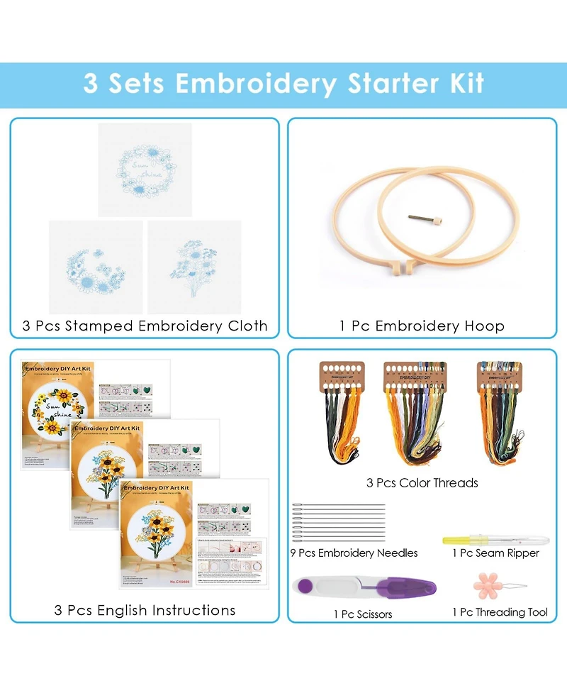 Gnuadz 3 Sets Sunflower Embroidery Kit Cross Stitch Set