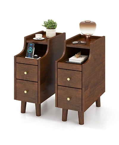 Gymax 2pieces Solid Wood End Table with Pull-out Tray and 2 Storage Drawers Cable Management