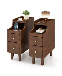 Gymax 2pieces Solid Wood End Table with Pull-out Tray and 2 Storage Drawers Cable Management