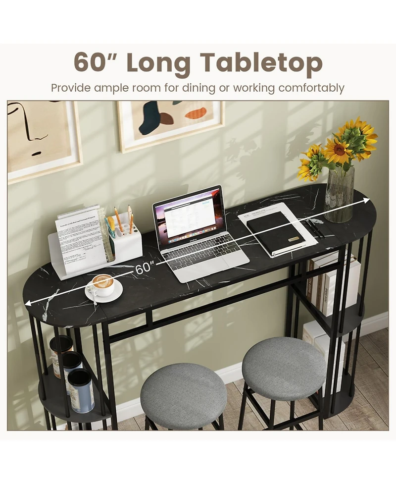 Slickblue Modern Narrow Bar Table with Faux Marble Tabletop and Built-in Storage Shelves