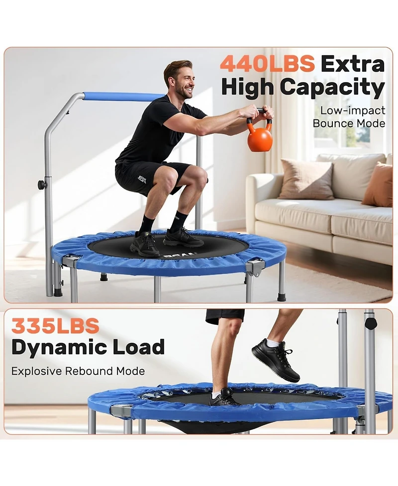 Bcan SP2 48" Blue Foldable Mini Trampoline, 440lbs Capacity, Adjustable Foam Handle, Indoor/Garden Fitness Rebounder