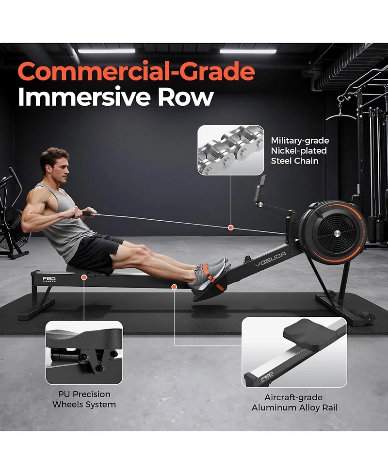 Fed Fitness Adjustable Air Resistance Rowing Machine for Home Use, Self-Powered Rower with 53.7'' Rail, Ergonomic Comfort Seat and Easy Storage