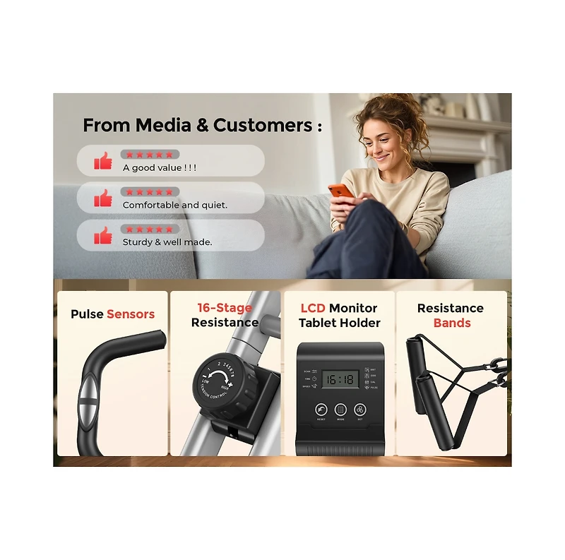Fed Fitness 5-in-1 Magnetic Folding Exercise X-Bike, 6.6LB Flywheel, 330LB Weight Capacity, Back Support Cushion, Lcd Monitor and Resistance Bands