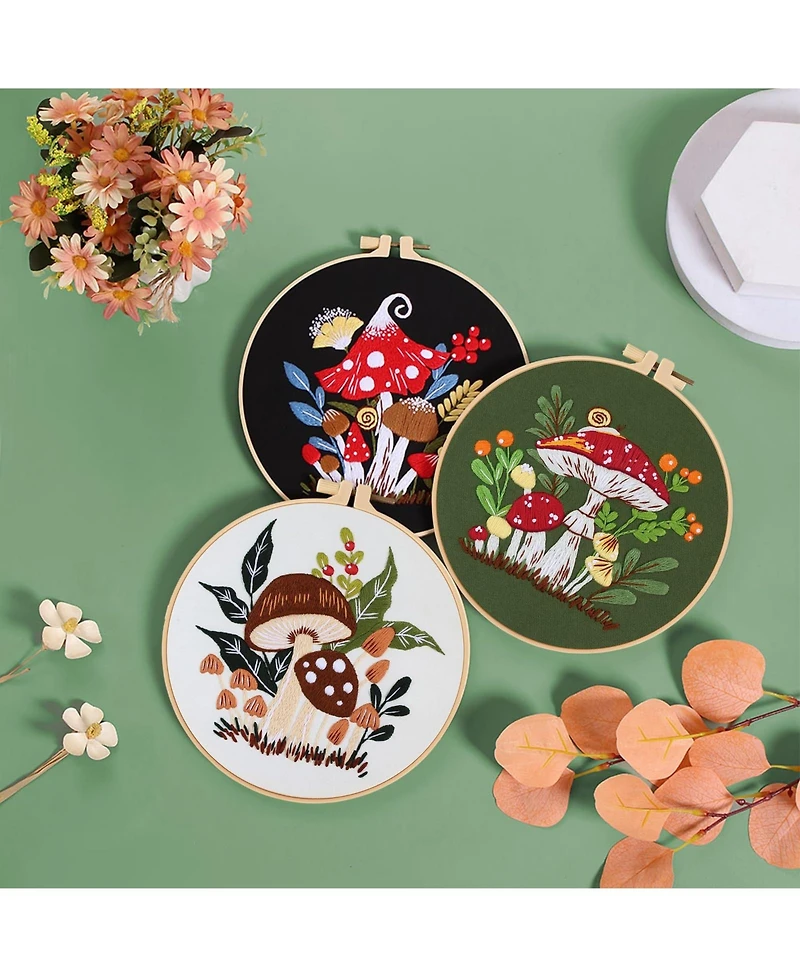 Gnuadz 3 Sets Mushroom Embroidery Kit Beginners Hoop Diy Craft