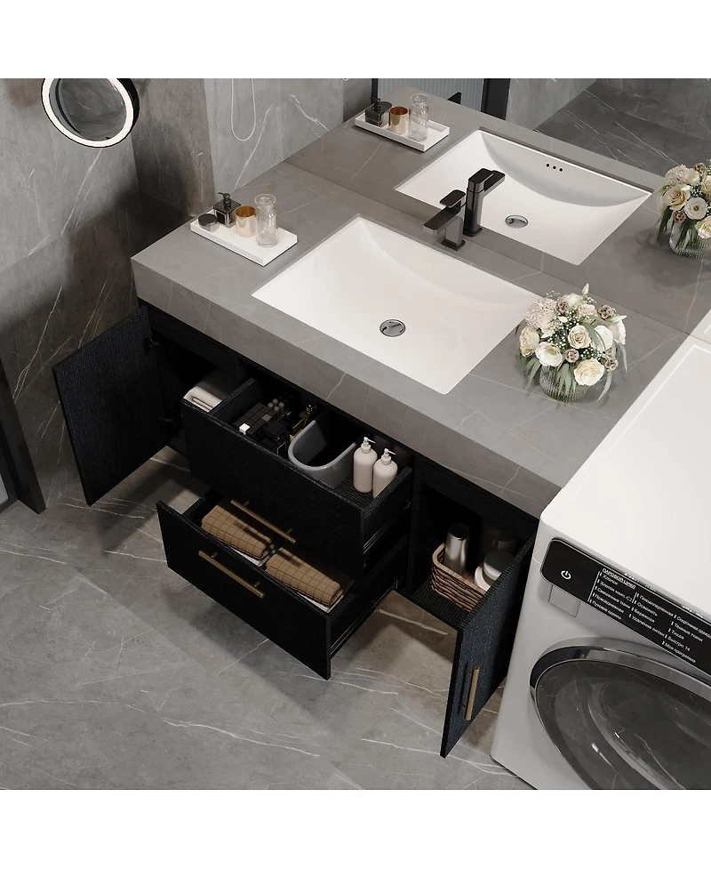 Sillysis 39.4 Inch Floating Bathroom Vanity with Faux Marble Top, Luxury Modern Black Wall Mounted Solid Wood Cabinet and Ceramic Sink