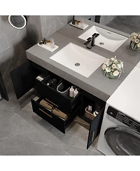 Sillysis 39.4 Inch Floating Bathroom Vanity with Faux Marble Top, Luxury Modern Black Wall Mounted Solid Wood Cabinet and Ceramic Sink