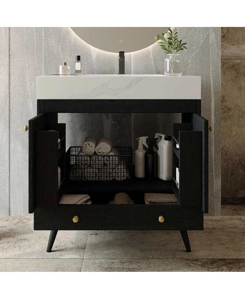 Sillysis 30 Inch Freestanding Bathroom Vanity, Sintered Stone Top, Ceramic Sink, Modern Storage Drawer and Cabinet for Compact Bath