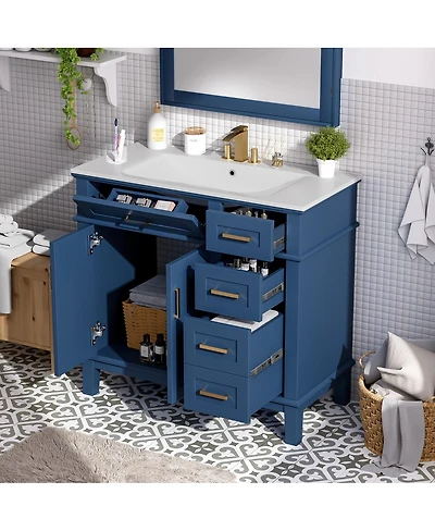 Sillysis 36" Modern Bathroom Vanity with Sink, Freestanding Solid Wood Cabinet, Soft Close Drawers for Home