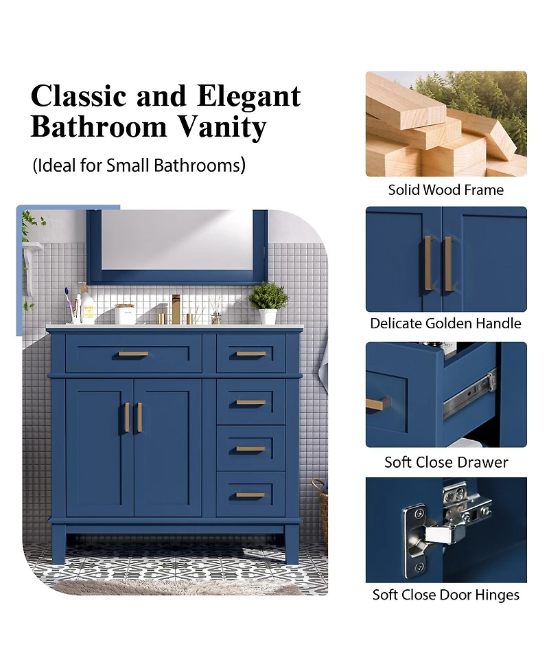 Sillysis 36" Modern Bathroom Vanity with Sink, Freestanding Solid Wood Cabinet, Soft Close Drawers for Home