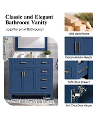 Sillysis 36" Modern Bathroom Vanity with Sink, Freestanding Solid Wood Cabinet, Soft Close Drawers for Home