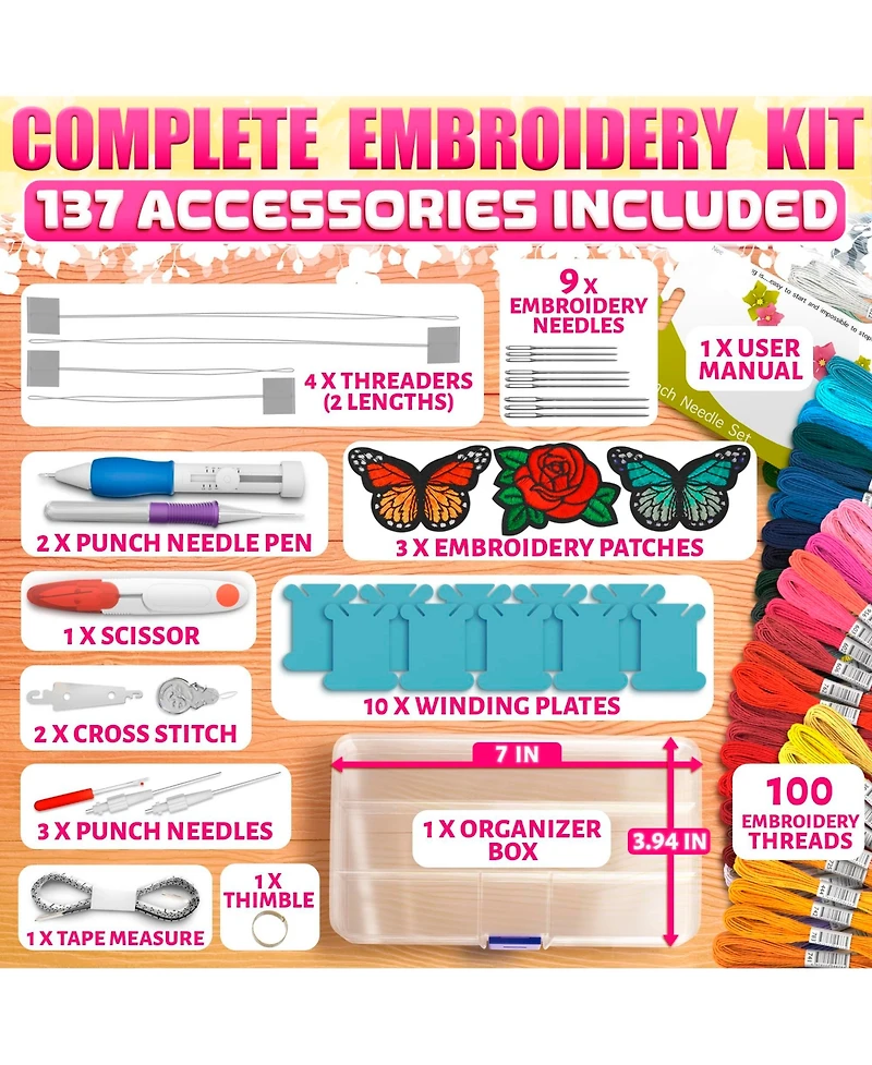 Gnuadz 137-piece Embroidery Kit Punch Needle Cross Stitch Tools Floss Set