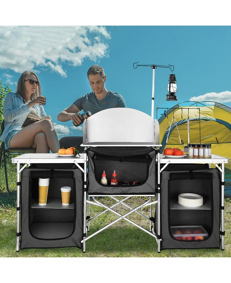 Gouun Folding Camping Kitchen Table with 3 Cupboards, Detachable Windscreen and Carrying Bag