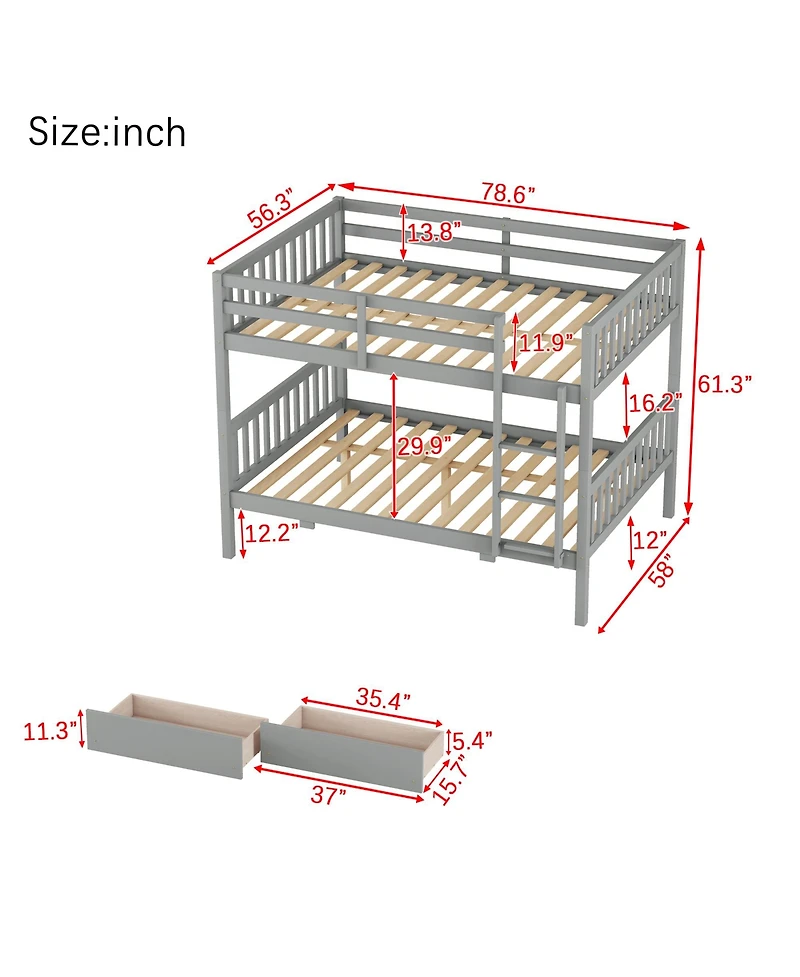 Sailvan full Over Rubber Wood Bunk Bed with 2 Drawers, Convertible into Beds Ladder