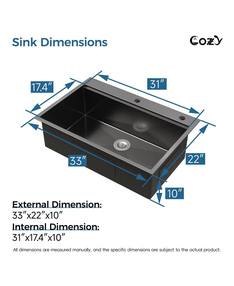 Busdays 33 x 22 Inch Stainless Steel Kitchen Sink Single Bowl Overmount Handmade with Cutting Board and Colander