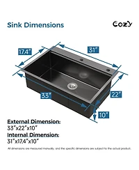 Busdays 33 x 22 Inch Stainless Steel Kitchen Sink Single Bowl Overmount Handmade with Cutting Board and Colander
