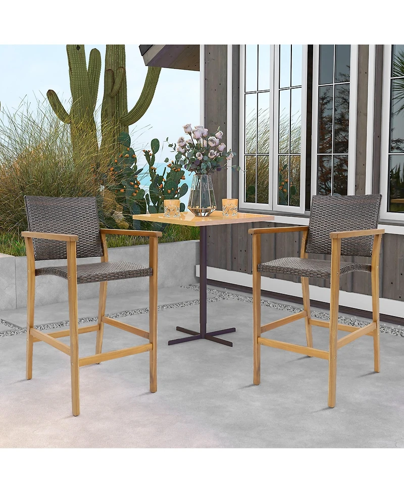 Gymax Patio Rattan Bar Stool Set of 2 Outdoor Pe Wicker Bar Chairs Armrests and Sturdy Footrests