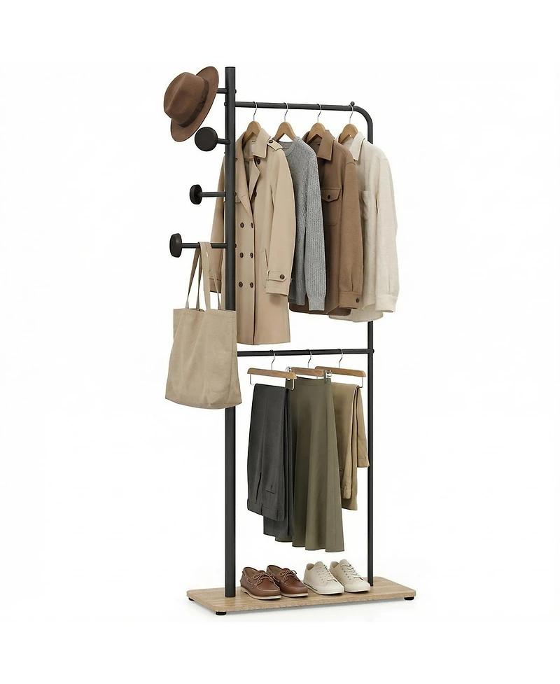 Slickblue Freestanding Double Rod Clothing Rack with Wooden Hooks for Closet Organization