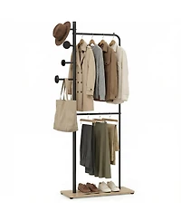 Slickblue Freestanding Double Rod Clothing Rack with Wooden Hooks for Closet Organization