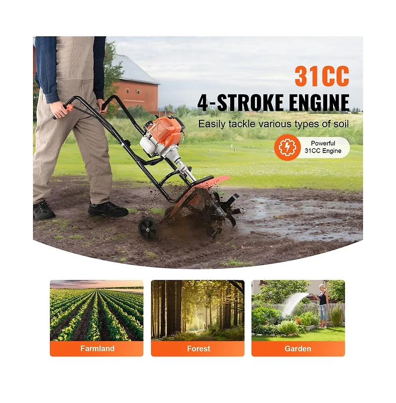 Sugift 31cc 4 Stroke Gas Garden Cultivator Tiller Lightweight Soil Tiller