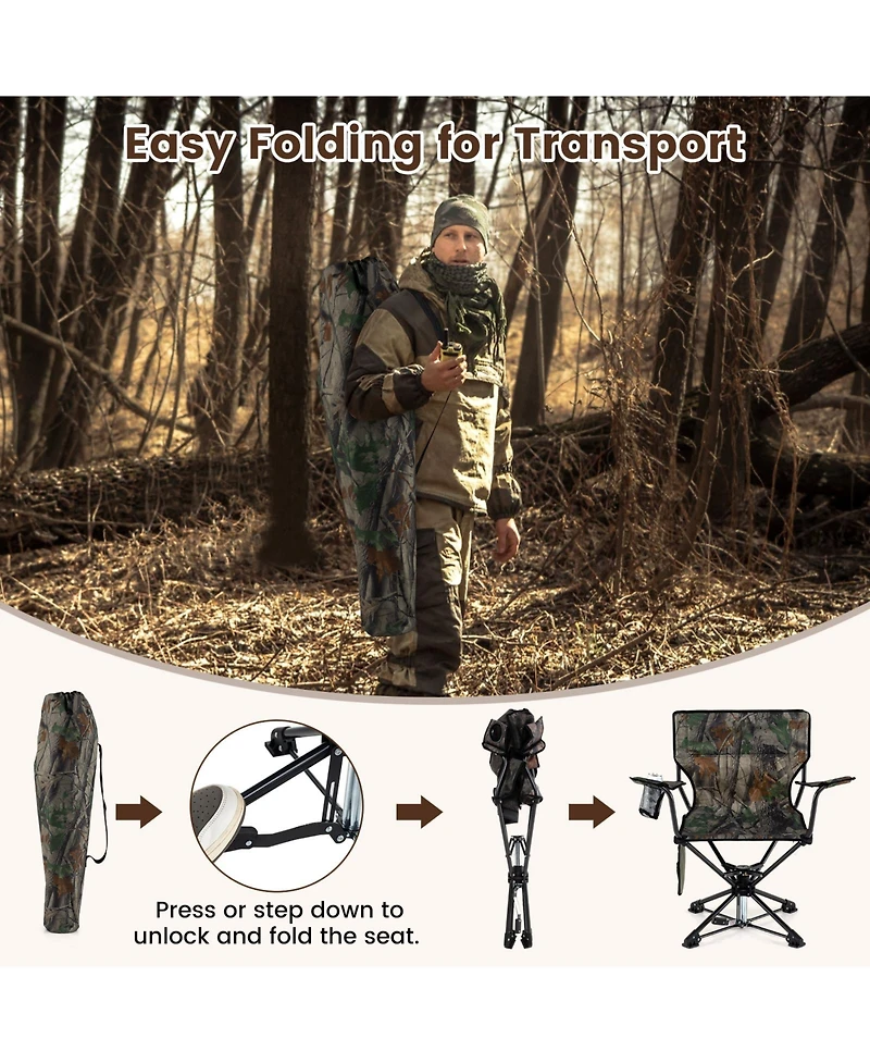 Gouun 360-Degree Silent Swivel Hunting Chair, Portable Foldable Seat with Cup Holder and Storage Pockets