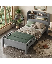 Sailvan Twin Pine Wood Bed with Bookcase Headboard ,Led Motion Sensor Light, Guardrails