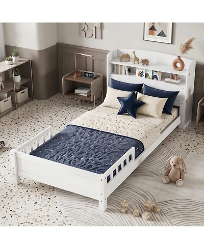 Sailvan Twin Pine Wood Bed with Bookcase Headboard ,Led Motion Sensor Light, Guardrails