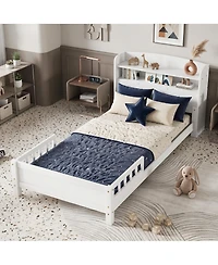 Sailvan Twin Pine Wood Bed with Bookcase Headboard ,Led Motion Sensor Light, Guardrails
