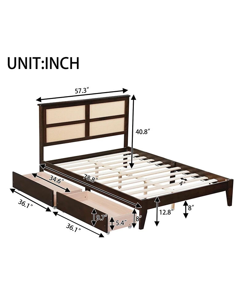 Sailvan Bed with Rattan Headboard, 2 Drawers, Rubber Wood Support Slats and Feet