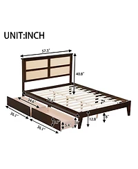Sailvan Bed with Rattan Headboard, 2 Drawers, Rubber Wood Support Slats and Feet