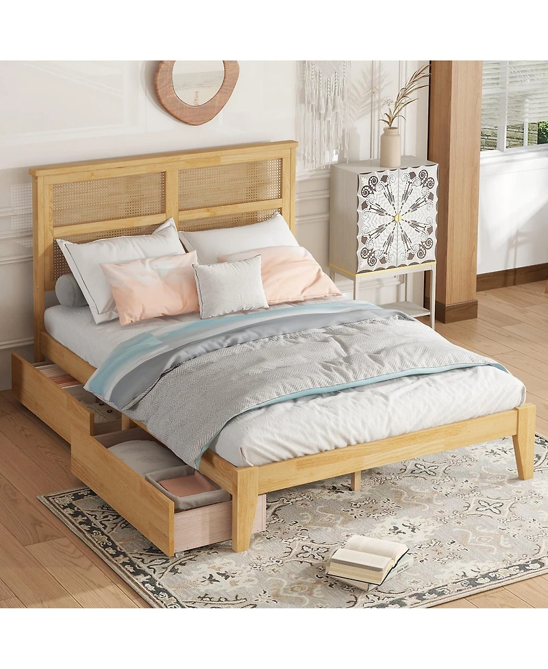 Sailvan Bed with Rattan Headboard, 2 Drawers, Rubber Wood Support Slats and Feet