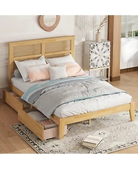 Sailvan Bed with Rattan Headboard, 2 Drawers, Rubber Wood Support Slats and Feet
