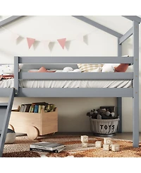 Sailvan Twin Low Loft House Bed with Slide, Ladder, Safety Guardrails, Roof Frame