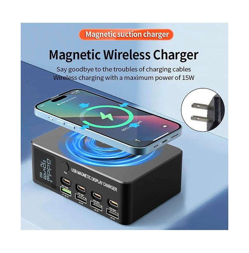 Artudatech 140W 8-Port GaN Charging Station with Fast Charger, Magnetic Wireless and Digital Display