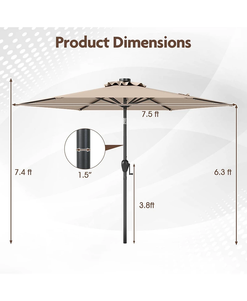 Gouun 7.5 feet Solar Powered Patio Umbrella with 18 Led Lights and Crank Handle