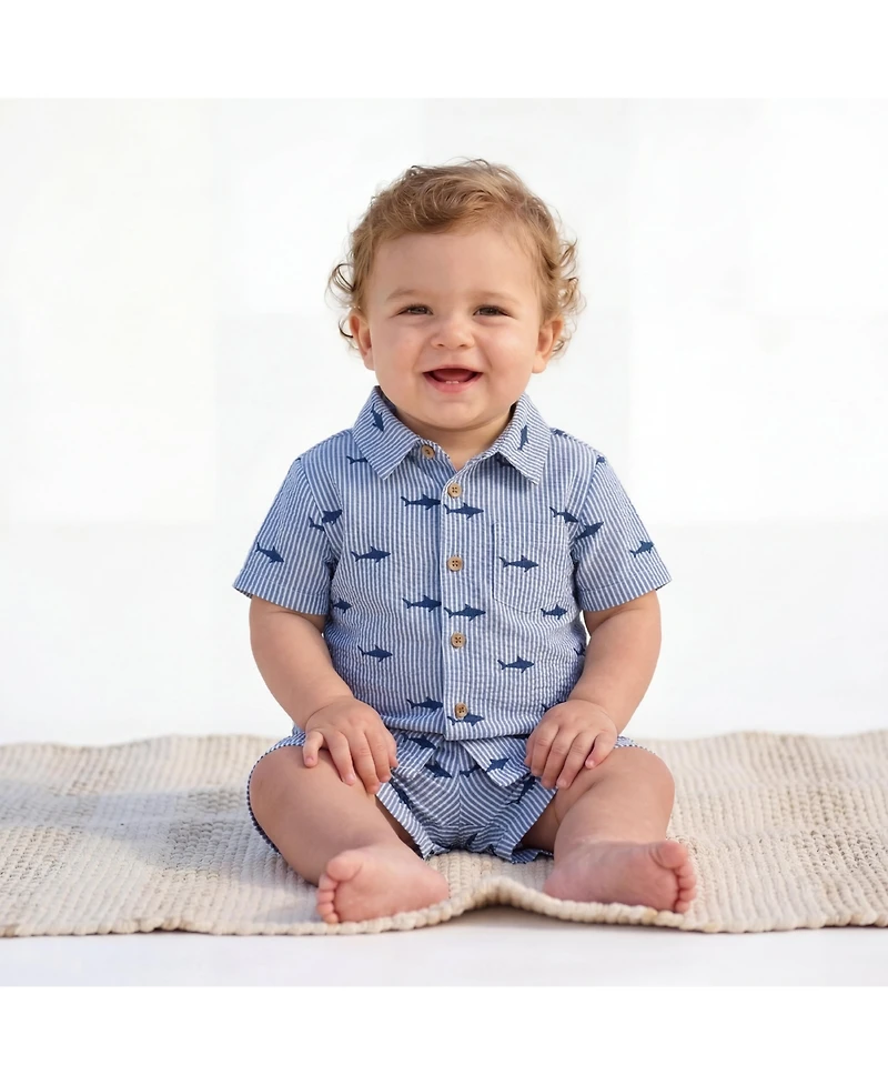 Andy & Evan Infant Boys Shark Buttondown and Shorts Cabana Set