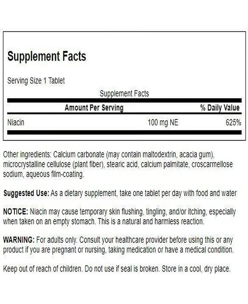 Swanson Niacin Vitamin B3 Supplement for Heart Health and Carbohydrate Metabolism Supports quality Energy Production 250 Tablets, 100 Miligram Ne Each