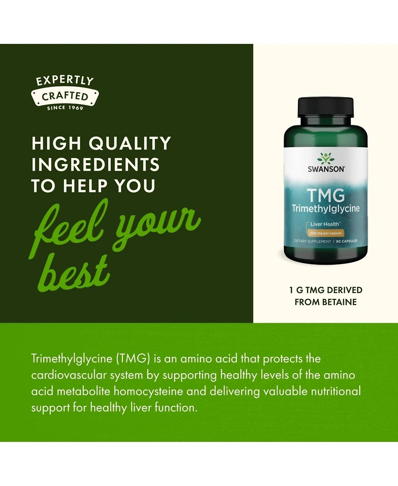 Swanson Tmg Trimethylglycine Amino Acid Supplement for Liver Function and Heart Health Support 90 Capsules