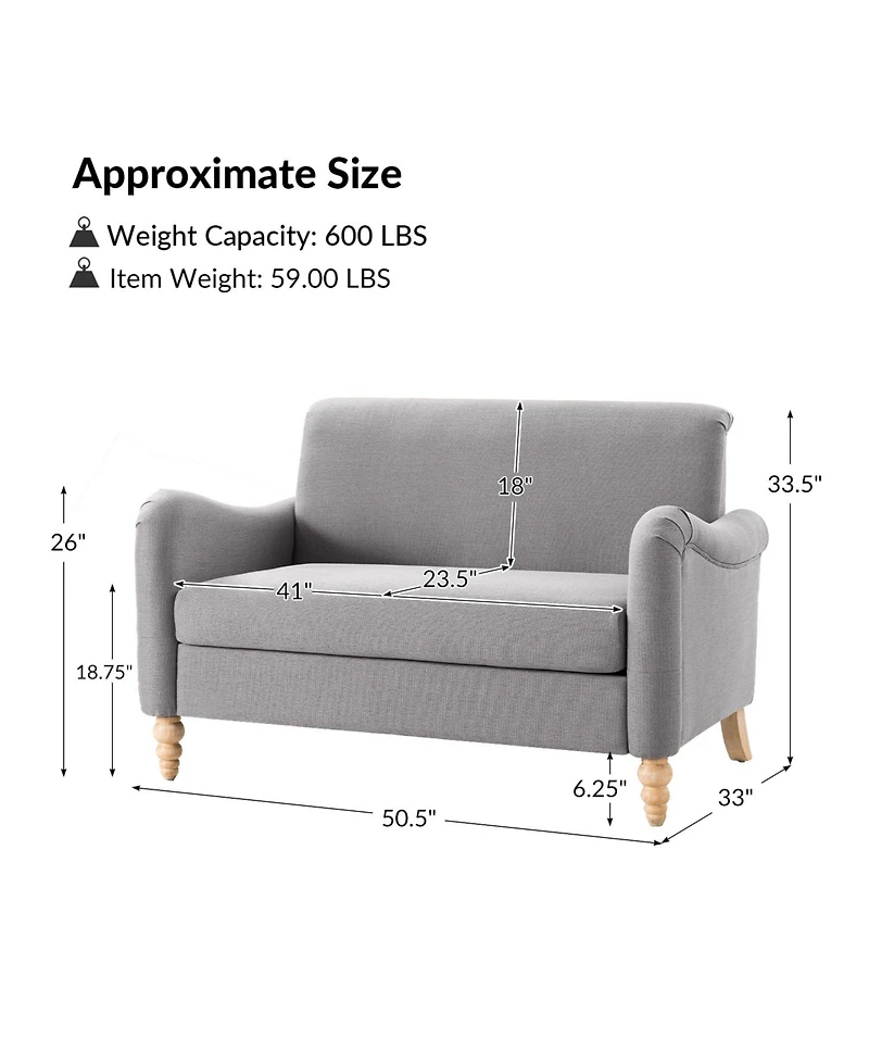 Hulala Home Terren 50.5"W Farmhouse Linen Upholstery Loveseat With Solid Wood Spindle Legs