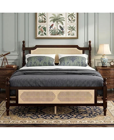 Sailvan Queen Pine wooden Bed with Rattan Headboard and Footboard, Central Enhanced Bed Platform