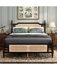 Sailvan Queen Pine wooden Bed with Rattan Headboard and Footboard, Central Enhanced Bed Platform