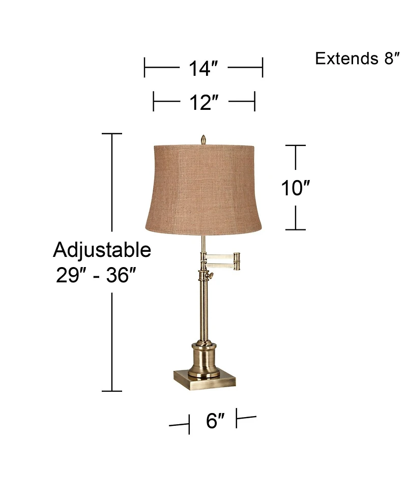 360 Lighting Traditional Swing Arm Desk Table Lamp Adjustable Height 36" Tall Antique Brass Burlap Fabric Drum Shade Living Room