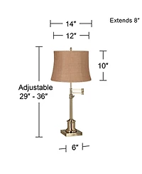360 Lighting Traditional Swing Arm Desk Table Lamp Adjustable Height 36" Tall Antique Brass Burlap Fabric Drum Shade Living Room