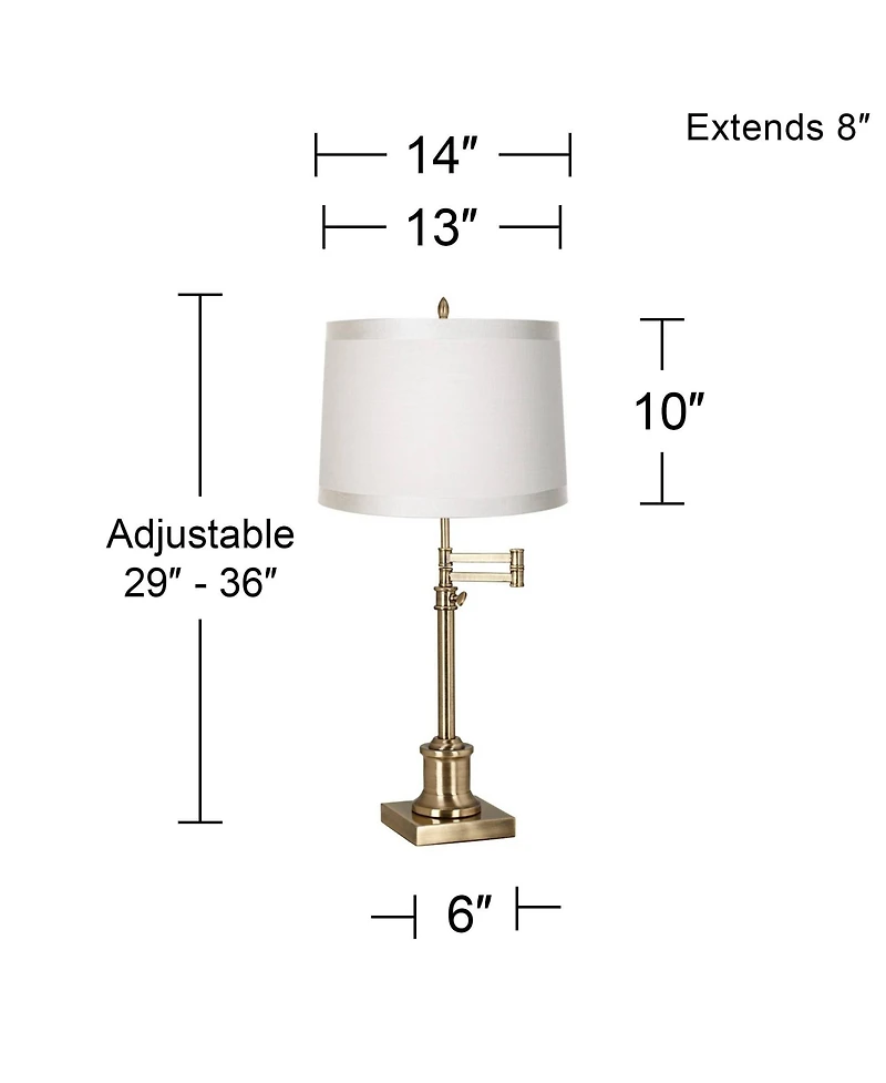 360 Lighting Traditional Swing Arm Desk Table Lamp Adjustable Height 36" Tall Antique Brass Fabric Drum Shade Living Room Bedroom