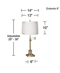 360 Lighting Traditional Swing Arm Desk Table Lamp Adjustable Height 36" Tall Antique Brass Fabric Drum Shade Living Room Bedroom
