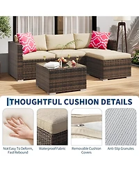 GarveeLife 5 Piece Outdoor Convertible Sectional Set with Ottoman and Tempered Glass Table, Pe Rattan Conversation Seating