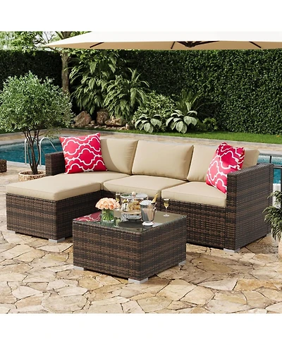 GarveeLife 5 Piece Outdoor Convertible Sectional Set with Ottoman and Tempered Glass Table, Pe Rattan Conversation Seating