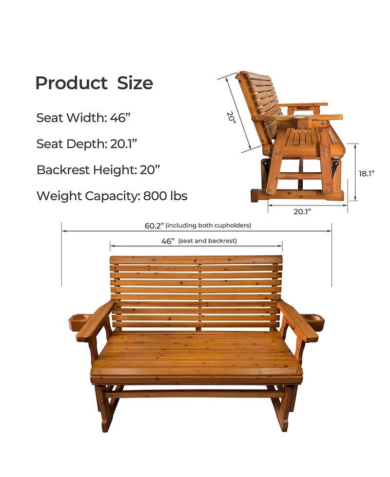 Mega Casa Wooden Patio Glider with High Roll Back and Deep Contoured Seat, 2-Seater, Heavy Duty 800 Lbs, 4 Ft