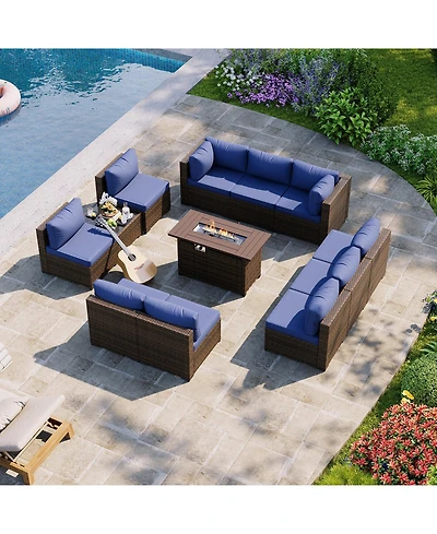 Aoxun 12-Piece Outdoor Brown Wicker Patio Conversation Set with 44" Propane Fire Pit Table and NavyBlue Cushions
