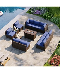 Aoxun 12-Piece Outdoor Brown Wicker Patio Conversation Set with 44" Propane Fire Pit Table and NavyBlue Cushions